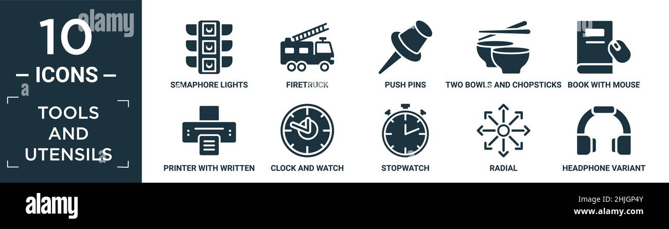 Gefüllte Werkzeuge und Utensilien Icon-Set. Enthalten flache Semaphore Lichter, Feuerwehrauto, Push-Pins, zwei Schüsseln und Essstäbchen, Buch mit Maus, Drucker mit Schrift Stock Vektor