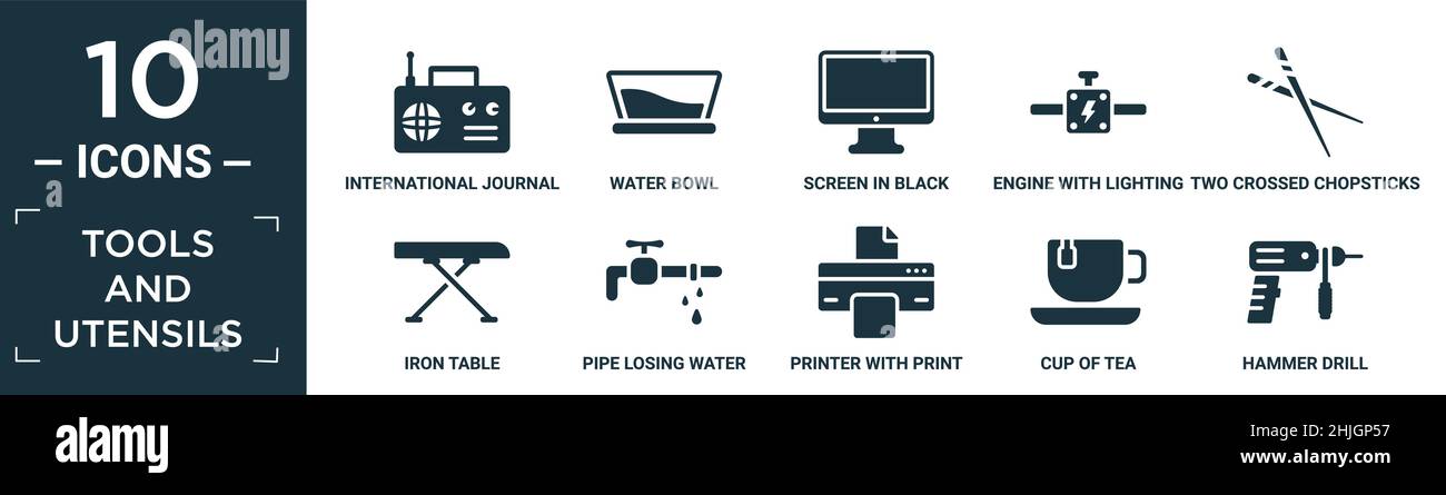 Gefüllte Werkzeuge und Utensilien Icon Set. Enthalten flache internationale Zeitschrift per Radio, Wasserschale, Bildschirm in schwarz, Motor mit Beleuchtung Schraube, zwei gekreuzte c Stock Vektor