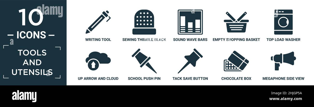Gefüllte Werkzeuge und Utensilien Icon-Set. Enthalten flaches Schreibwerkzeug, Nähen der schwarzen Variante, Schallwellen-Bars, leerer Warenkorb, Oberlader-Waschmaschine, Stock Vektor