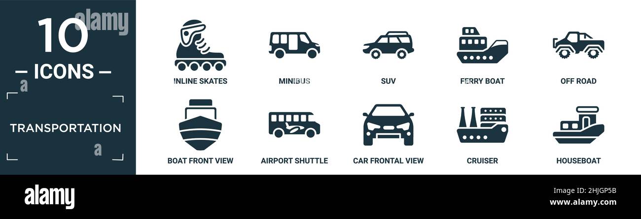 Gefülltes Transport Icon Set. Enthalten flache Inline-Skates, Minibus, suv, Fähre, Off Road, Vorderansicht des Bootes, Flughafentransfer, Frontansicht des Autos, cr Stock Vektor