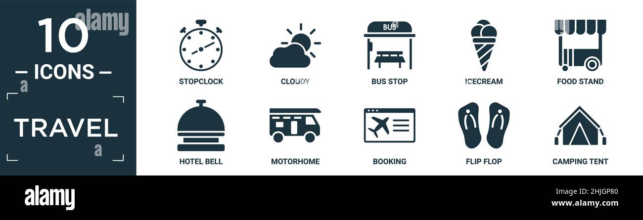 Gefüllte Reisesymbole. Enthalten flache Stoppuhr, bewölkt, Bushaltestelle, Eiscreme, Imbissstand, Hotelglocke, Wohnmobil, Buchung, Flip-Flop, Camping-Zelt-Ikonen Stock Vektor