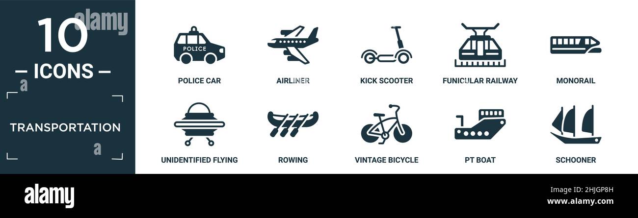 Gefülltes Transport Icon Set. Enthalten flache Polizeiauto, Airliner, Kick Scooter, Standseilbahn, Monorail, Nicht identifiziertes fliegendes Objekt, Rudern, Vint Stock Vektor