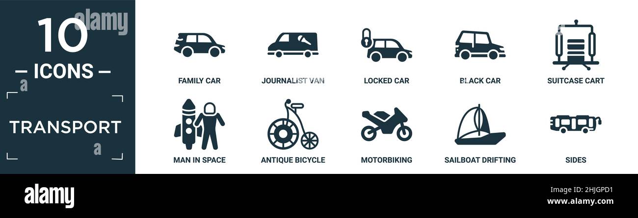 Gefüllte Transport-Symbol-Set. Enthalten Wohnung Familienauto, Journalist van, Auto gesperrt, schwarzes Auto, Kofferwagen, Mann im All, antikes Fahrrad, Motorradfahren, Stock Vektor