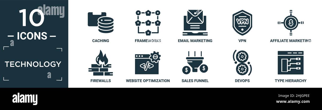 Gefüllte Technologie Icon Set. Enthalten flache Caching, Frameworks, E-Mail-Marketing, vpn, Affiliate-Marketing, Firewalls, Website-Optimierung, Verkaufstrichter Stock Vektor