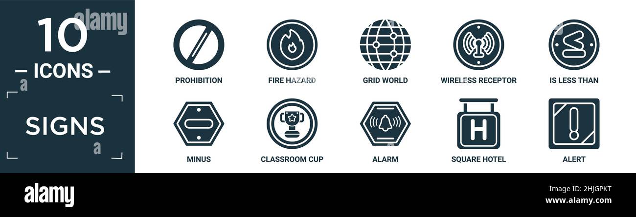 Gefüllte Schilder Symbol-Set. Enthalten flache Verbot, Brandgefahr, Grid-Welt, Wireless-Rezeptor, ist kleiner als, Minus, Klassenraum Tasse, Alarm, quadratisches Hotel, Stock Vektor
