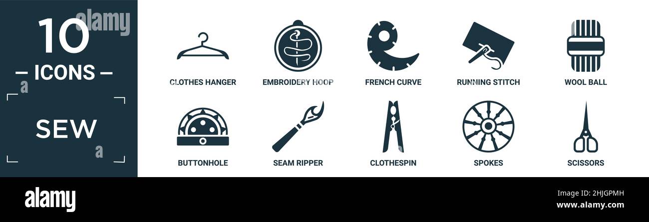 Gefülltes Näh-Icon-Set. Enthalten flache Kleiderbügel, Stickrahmen, französische Kurve, laufende Stich, Wollkugel, Knopfloch, Nahtripper, Wäscheklammer, Speiche Stock Vektor