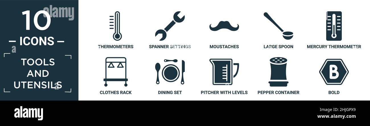 Gefüllte Werkzeuge und Utensilien Icon-Set. Enthalten flache Thermometer, Schlüssel-Einstellknopf, Schnurrbärte, großen Löffel, Quecksilberthermometer Grad, Kleidung Stock Vektor