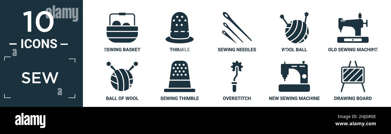 Gefülltes Näh-Icon-Set. Enthalten flachen Nähkorb, Kausche, Nähnadeln, Wollkugel, alte Nähmaschine, Wollkugel, Dimmel, Überstich, neue Machinin Stock Vektor