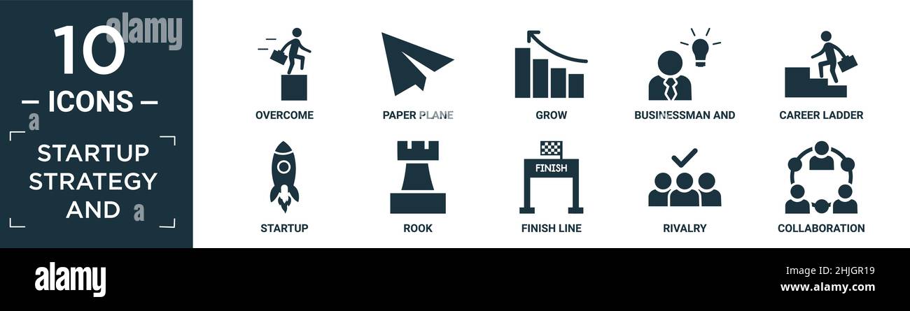 Gefüllte Startup-Strategie und Icon-Set. Enthalten flach überwinden, Papier Ebene, wachsen, Geschäftsmann und Strategie, Karriereleiter, Start, Rook, Ziellinie, r Stock Vektor