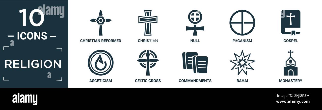 Gefüllte Religion Icon Set. Enthalten flache christliche reformierte Kirche, christian, Null, Heidentum, Evangelium, Askese, keltisches Kreuz, Gebote, bahai, Mo Stock Vektor