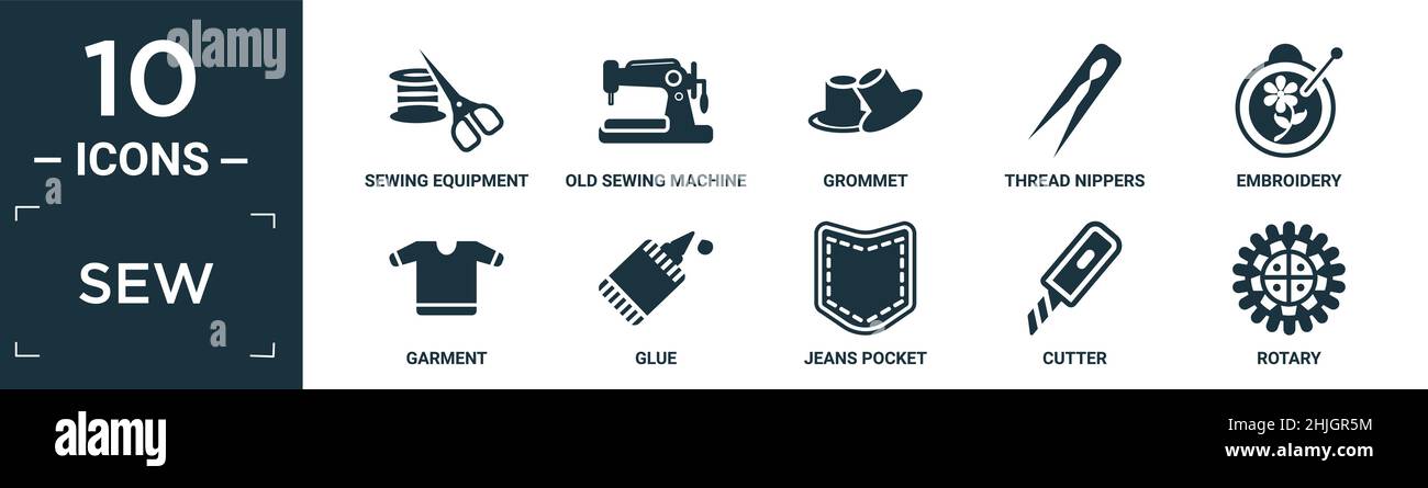 Gefülltes Näh-Icon-Set. Enthalten flache Nähausrüstung, alte Nähmaschine, Tülle, Fadenzangen, Stickerei, Kleidungsstück, Kleber, Jeans-Tasche, Cutter, Rota Stock Vektor
