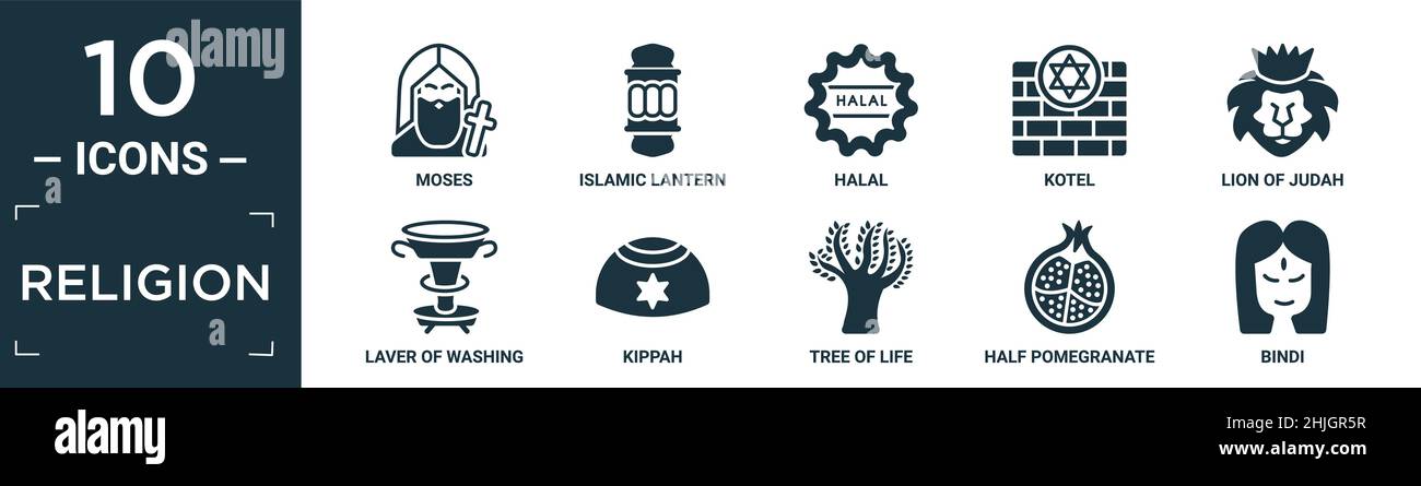 Gefüllte Religion Ikone Set. Enthalten flache moses, islamische Laterne, Halal, kotel, Löwe von juda, Wasch-Laver, Kippah, Baum des Lebens, halber Granatapfel, Stock Vektor