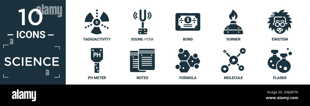 Gefülltes Science Icon Set. Enthalten flache Radioaktivität, Schallgabel, Bindung, Brenner, einstein, symbole für ph-Messgerät, Notizen, Formel, Molekül, Kolben in bearbeitbarer Form Stock Vektor