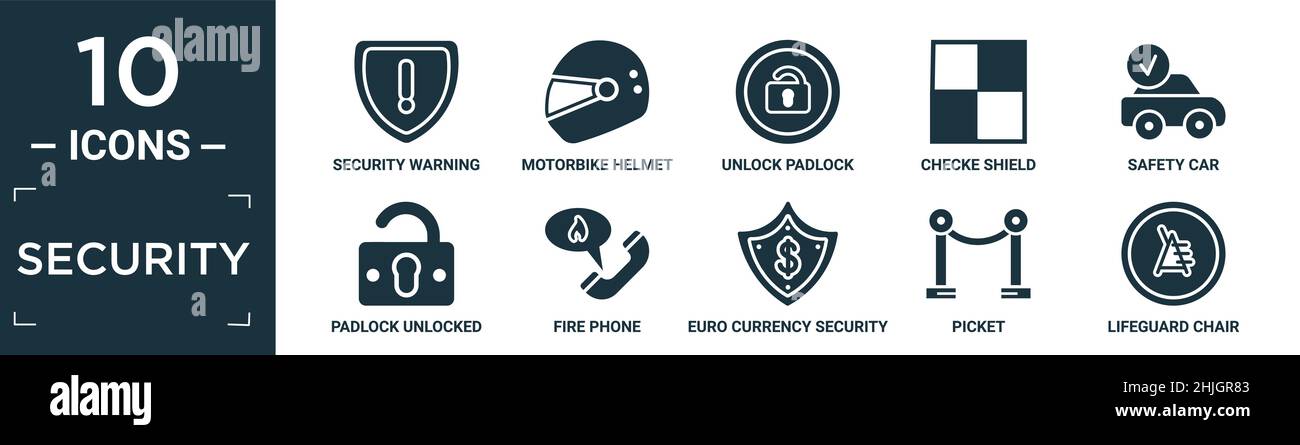 Gefülltes Sicherheits-Icon-Set. Enthalten flache Sicherheitswarnung, Motorradhelm, Vorhängeschloss entsperren, Checke Schild, Sicherheitsauto, Vorhängeschloss entriegelt, Feuerwehrtelefon, eu Stock Vektor