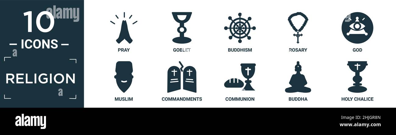 Gefüllte Religion Ikone Set. Enthalten flach beten, Kelch, buddhismus, Rosenkranz, gott, muslim, Gebote, Kommunion, buddha, heiligen Kelch Symbole in editierbaren fo Stock Vektor
