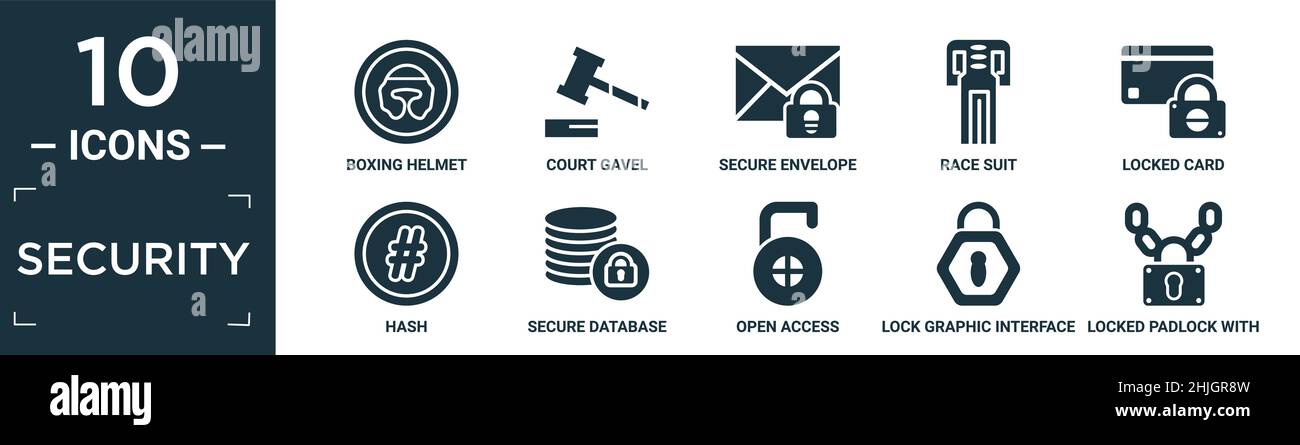 Gefülltes Sicherheits-Icon-Set. Enthalten flachen Boxhelm, Court gavel, sicheren Umschlag, Rennanzug, verschlossene Karte, Hash, sichere Datenbank, Open Access, Lock g Stock Vektor