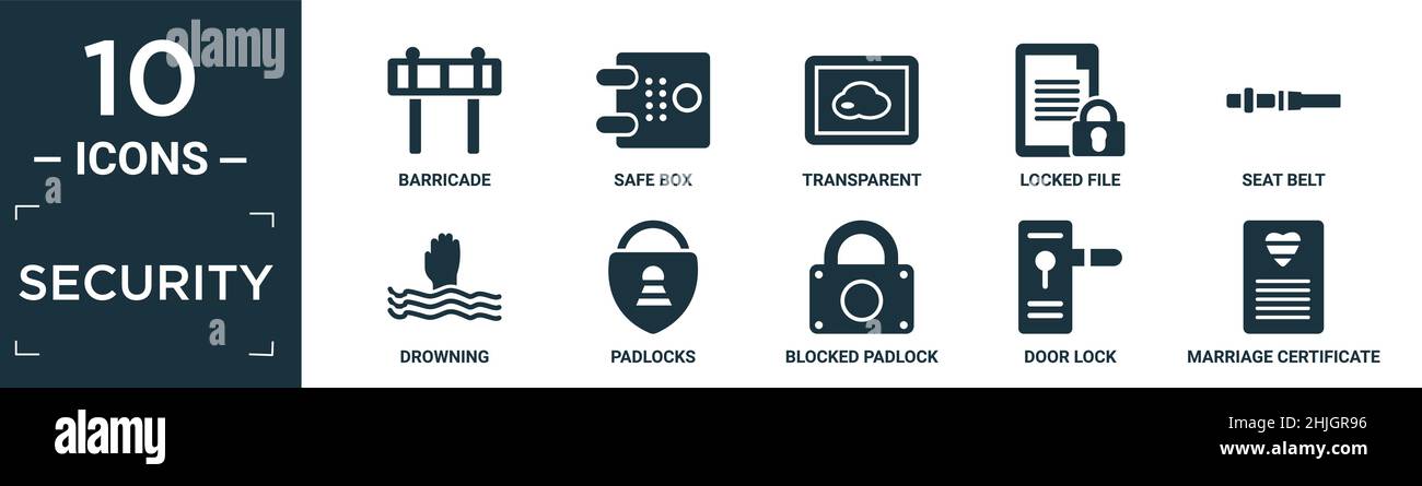 Gefülltes Sicherheits-Icon-Set. Enthalten flache Barrikade, Safe, transparent, verschlossene Feile, Sicherheitsgurt, Ertrinken, Vorhängeschlösser, blockiertes Vorhängeschloss, Türschloss, Marri Stock Vektor