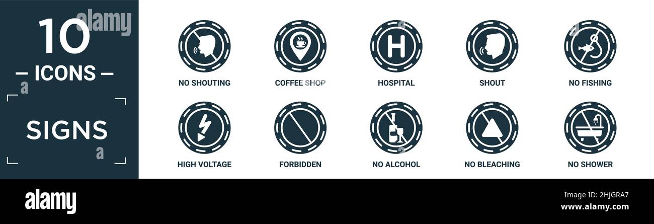 Gefüllte Schilder Icon Set. Enthalten flach kein Geschrei, Café, Krankenhaus, Schrei, kein Angeln, Hochspannung, verboten, kein Alkohol, Bleichen, Duschsymbol Stock Vektor