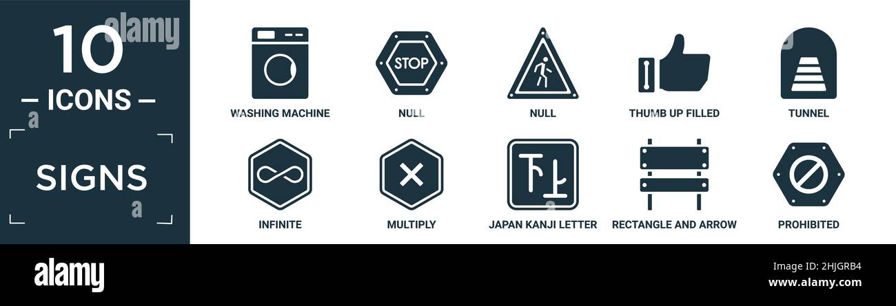 Gefüllte Zeichen Icon-Set. Enthalten flache Waschmaschine, Null, Null, Daumen nach oben gefüllt Geste, Tunnel, unendlich, multiplizieren, japan Kanji-Brief, Rechteck an Stock Vektor