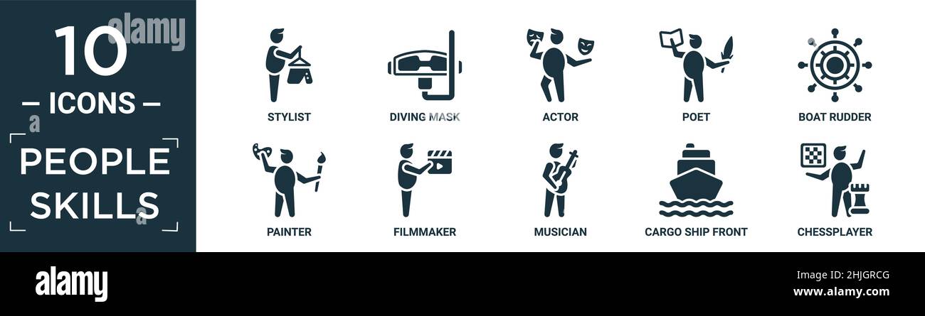 Gefüllte Menschen Fähigkeiten Icon-Set. Enthalten flache Stylistin, Tauchmaske, Schauspieler, Dichter, Boot Ruder, Maler, Filmemacher, Musiker, Frachtschiff, Schach Stock Vektor