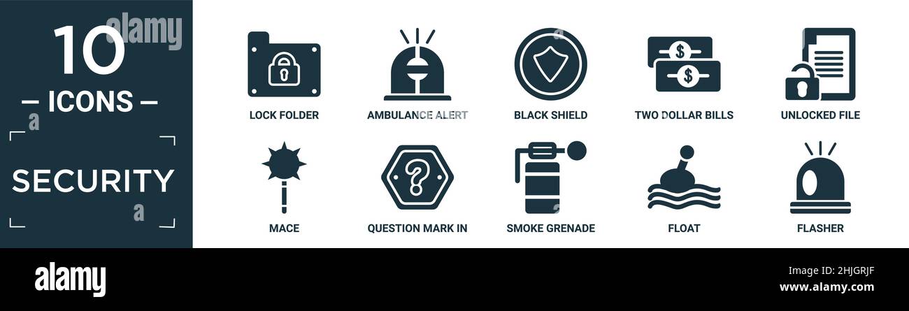 Gefüllte Sicherheits-Symbol-Set. Enthalten flache Schloss-Ordner, Krankenwagen Alarm, schwarzen Schild, zwei Dollar-Rechnungen, entsperrte Datei, mace, Fragezeichen in einem Schild, s Stock Vektor