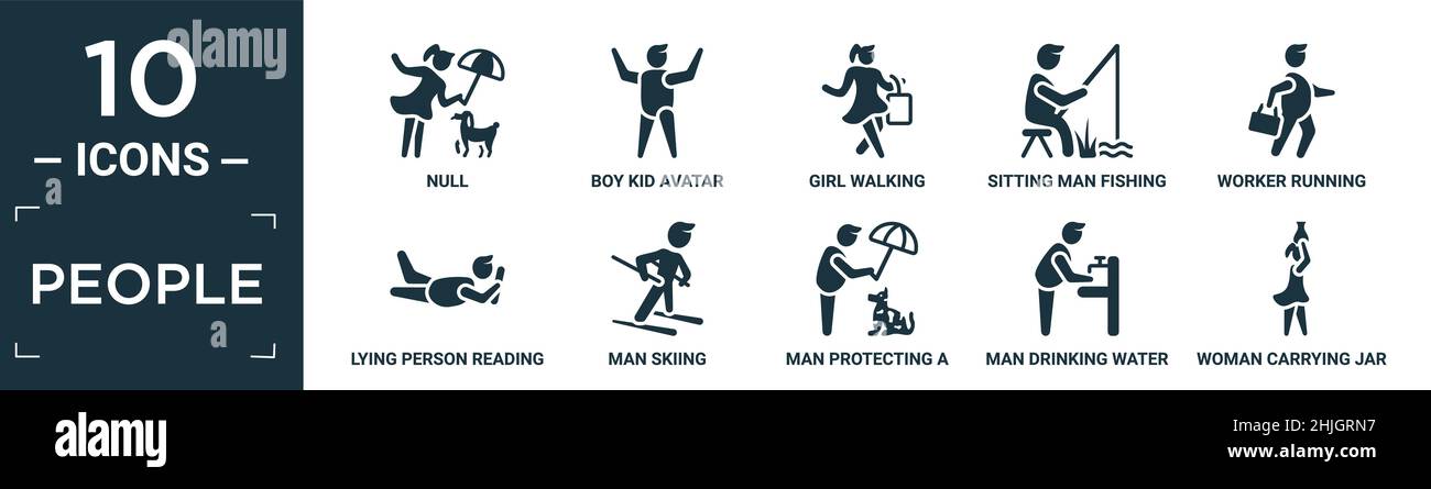 Gefüllte Menschen Icon-Set. Enthalten flache Null, Junge Kind Avatar, Mädchen zu Fuß, sitzender Mann Angeln, Arbeiter laufen, Lügende Person Lesen, Mann Skifahren, Mann PR Stock Vektor