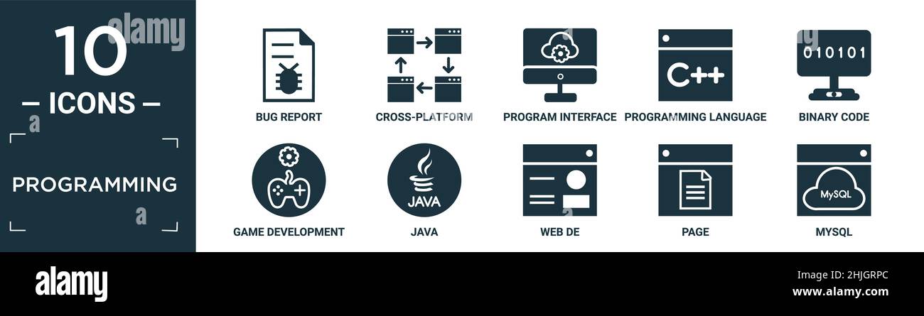 Gefüllter Programmier-Icon-Satz. Enthalten flachen Fehlerbericht, plattformübergreifend, Programmschnittstelle, Programmiersprache, Binärcode, Spieleentwicklung, java, wir Stock Vektor