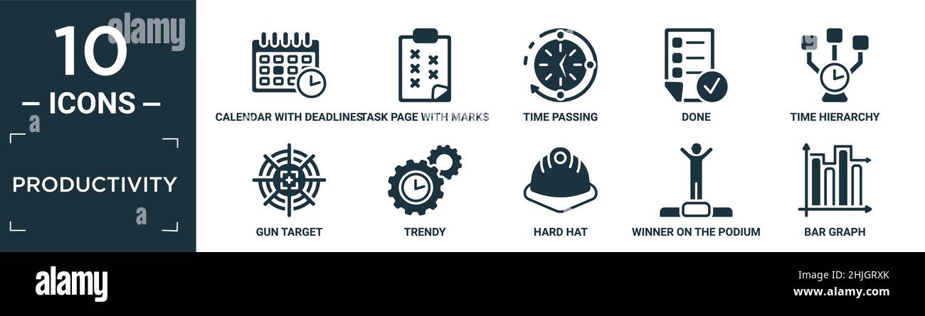 Gefüllte Produktivität Icon-Set. Enthalten flachen Kalender mit Fristen, Task-Seite mit Markierungen, Zeit vergehen, getan, Zeit Hierarchie, Waffe Ziel, Trendy, hart Stock Vektor