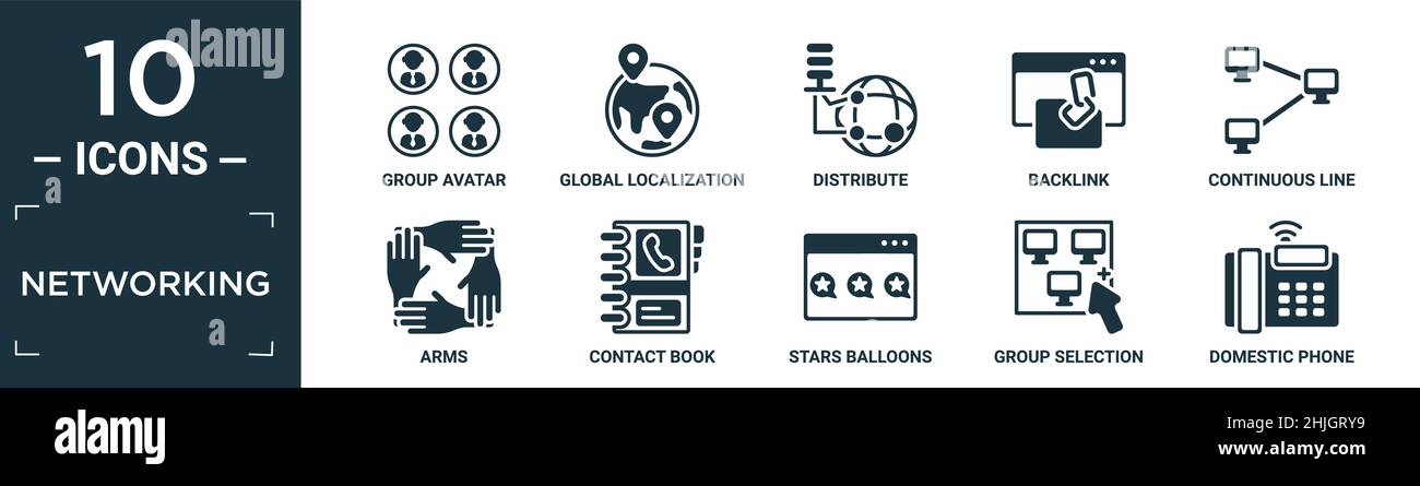 Gefüllte Netzwerk-Icon-Set. Enthalten flache Gruppe Avatar, globale Lokalisierung, verteilen, Backlink, kontinuierliche Linie, Arme, Kontaktbuch, Sterne Ballons, Stock Vektor