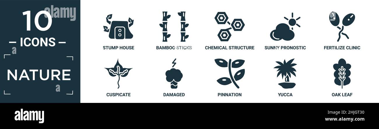 Gefüllte Natur Icon Set. Enthalten flache Stumpf Haus, Bambusstäbchen, chemische Struktur, sonnig pronostic, befruchten Klinik, Geknipst, beschädigt, geflemmt, Stock Vektor