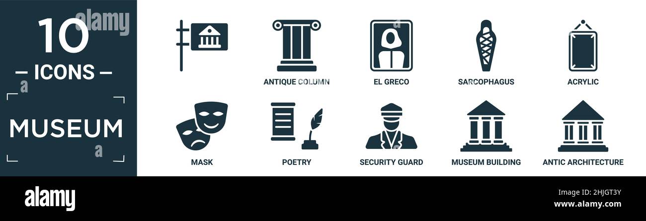Gefülltes Museum Icon Set. Enthalten flache, antike Säule, el greco, Sarkophag, Acryl, Maske, Poesie, Wachmann, Museumsgebäude, antike Architektur Stock Vektor