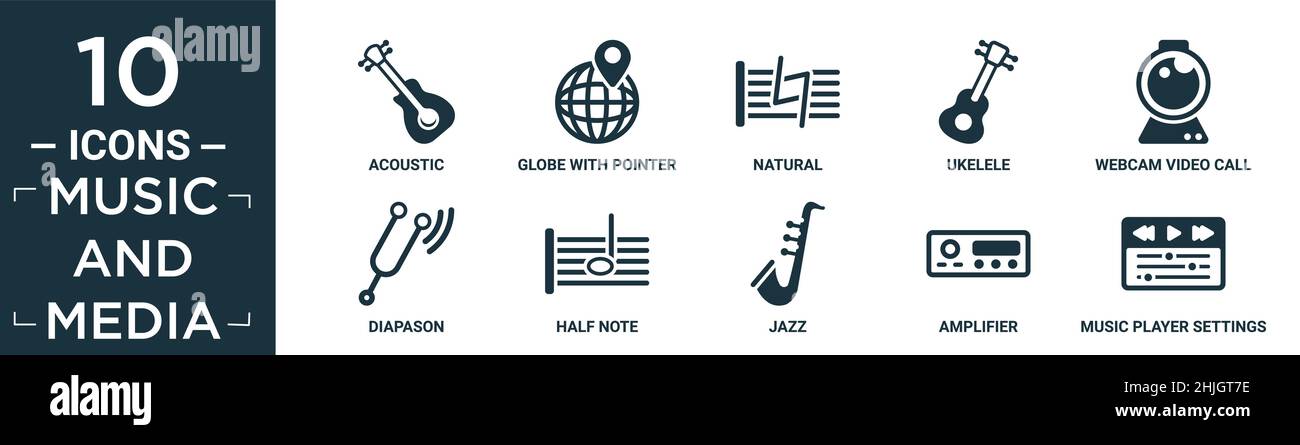 Gefüllte Musik-und Medien-Symbol-Set. Enthalten flache akustische, Globus mit Zeiger, natürliche, Ukelele, Webcam-Videoanruf, diapason, Halbnote, Jazz, Verstärker, Stock Vektor