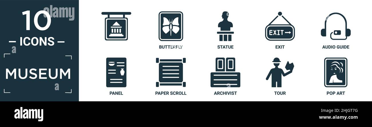 Gefüllte Museum Symbol-Set. Enthalten flach, Schmetterling, Statue, Ausgang, Audio-Guide, Panel, Papierrolle, Archivar, Tour, Pop-Art-Symbole in editierbarem Format. Stock Vektor