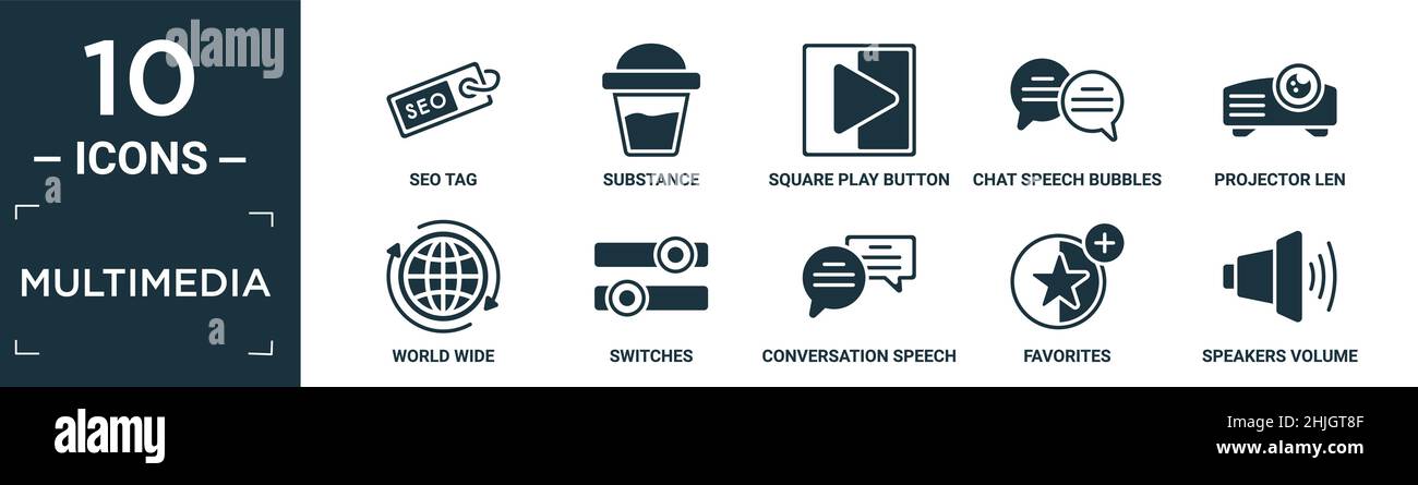 Gefülltes Multimedia-Icon-Set. Enthalten flache seo-Tag, Substanz, quadratische Play-Taste, Chat Sprechblasen, Projektor len, Weltweit, Switches, conversatio Stock Vektor