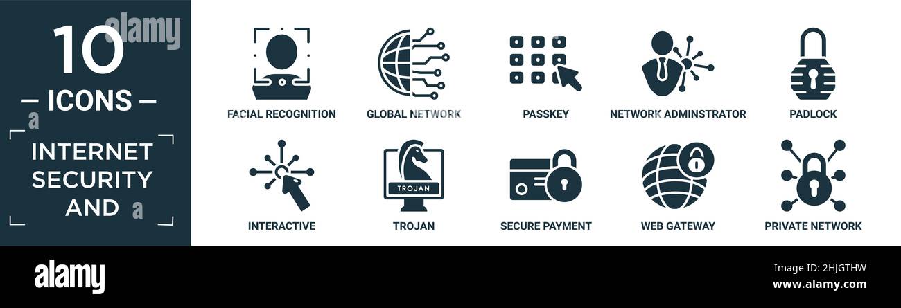 Gefüllte Internet-Sicherheit und Icon-Set. Enthalten flache Gesichtserkennung, globales Netzwerk, Passkey, Netzwerk-Adminstrator, Vorhängeschloss, Interaktiv, Trojaner, s Stock Vektor