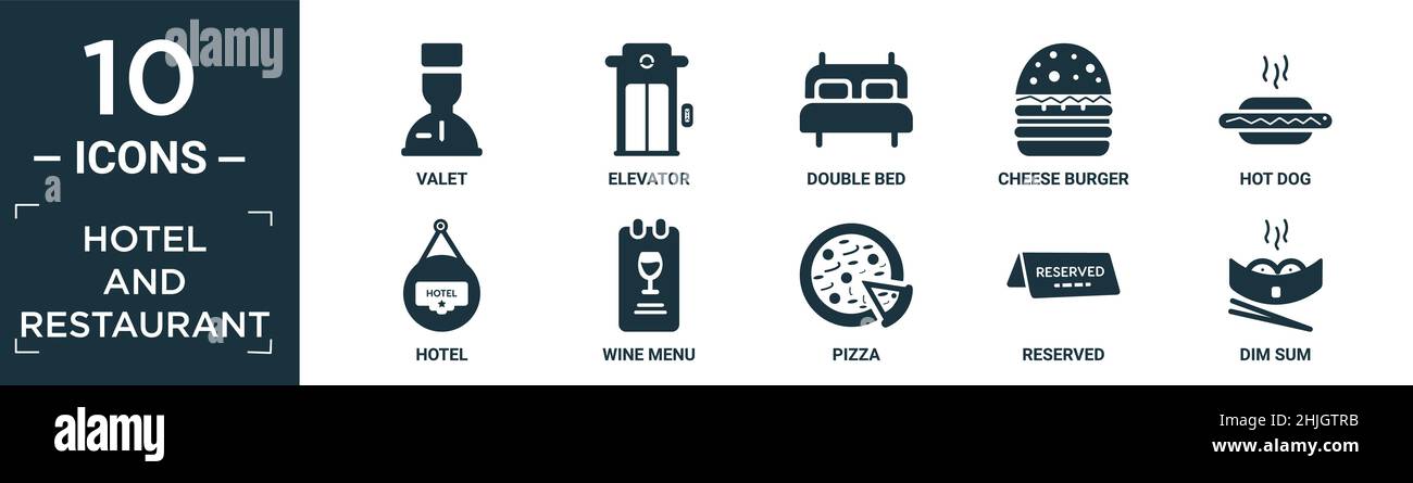 Gefüllte Hotel und Restaurant Icon Set. Enthalten Wohnung Valet, Aufzug, Doppelbett, Käse Burger, Hot Dog, Hotel, Weinkarte, Pizza, reserviert, Dim Sum ico Stock Vektor