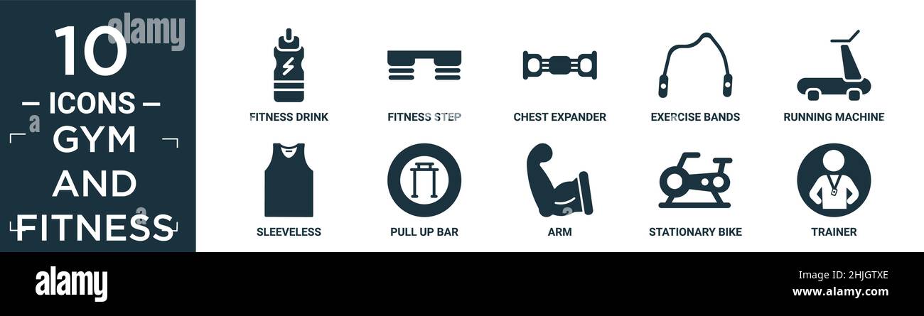 Gefülltes Fitness-Studio und Fitness-Icon-Set. Enthalten flaches Fitness-Getränk, Fitness-Step, Brustaufweiter, Trainingsbänder, Laufgerät, ärmellose, hochziehbare Riegel, A Stock Vektor