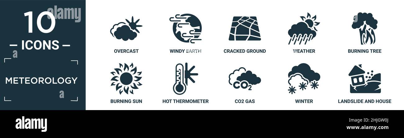 Gefüllte Meteorologie Icon Set. Enthalten flache bedeckt, windige Erde, gerissenen Boden, Wetter, brennenden Baum, Brennende Sonne, heißes Thermometer, CO2 Gas, Winter, Stock Vektor