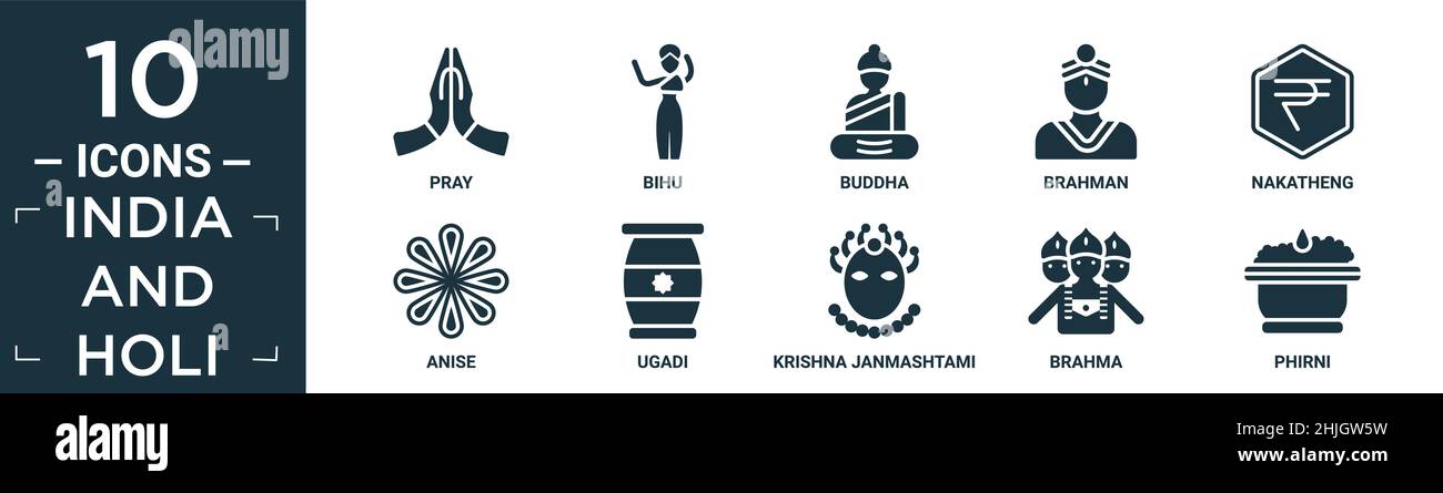 Gefülltes indien und holi Icon Set. Enthalten flache beten, Bihu, buddha, Brahmane, Nakatheng, Anis, Ugadi, krishna janmashtami, brahma, Phirni-Ikonen in editab Stock Vektor