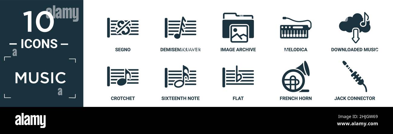 Gefüllte Musik-Icon-Set. Enthalten flache segno, demiquaver, Bildarchiv, melodica, heruntergeladene Musik-Cloud, Crotchet, sechzehnte Note, flach, franz. Hor Stock Vektor