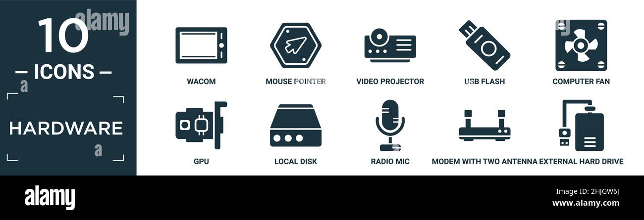 Gefüllter Hardware-Symbolsatz. Enthalten wacom, Mauszeiger, Videoprojektor, usb-Flash, Computerlüfter, gpu, lokale Festplatte, Funkmikrofon, Modem mit zwei Ante Stock Vektor