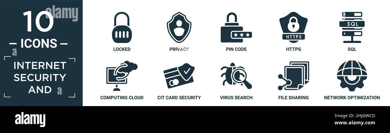 Gefüllte Internet-Sicherheit und Icon-Set. Enthalten flach gesperrt, Privatsphäre, PIN-Code, https, sql, Computing Cloud, Cit Card Security, Virensuche, File Shar Stock Vektor