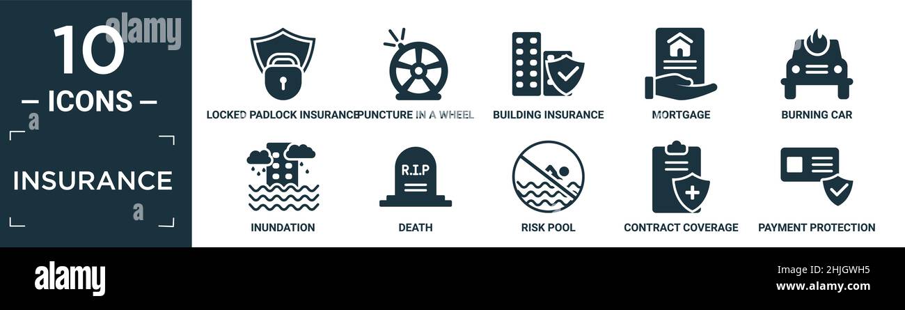 Gefüllte Versicherung Symbol-Set. Enthalten flach verriegelte Vorhängeschloss-Versicherung, Punktion in einem Rad, Gebäudeversicherung, Hypothek, brennendes Auto, Überschwemmen, Tod, r Stock Vektor