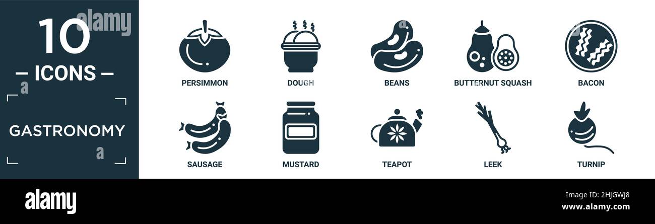 Gefüllte Gastronomie Icon Set. Enthalten flache Kaki, Teig, Bohnen, Butternut Squash, Speck, Symbole für Wurst, Senf, Teekannen, Lauch, Rüben in bearbeitbarer Form Stock Vektor