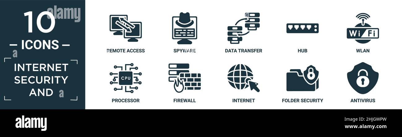 Gefüllte Internet-Sicherheit und Icon-Set. Enthalten flachen Remote-Zugriff, Spyware, Datenübertragung, Hub, wlan, Prozessor, Firewall, Internet, Ordnersicherheit, Stock Vektor
