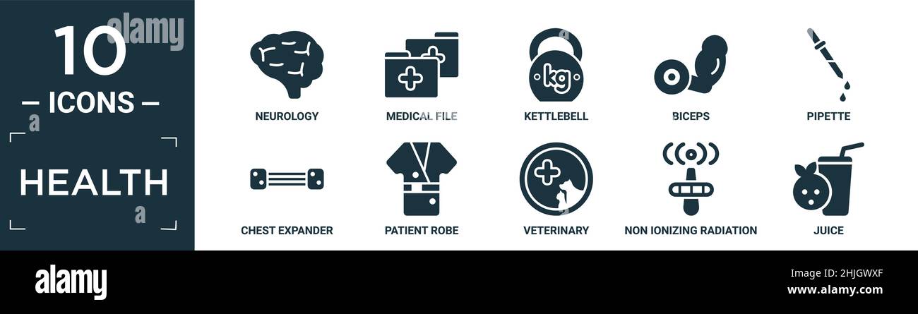 Gefülltes Gesundheits-Icon-Set. Enthalten flache Neurologie, medizinische Akte, Kettlebell, Bizeps, Pipette, Brustexpander, Patientenmantel, Tierarzt, nicht ionisierende Radi Stock Vektor