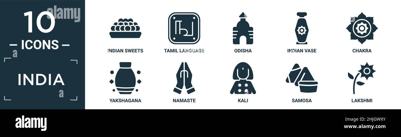 Gefülltes indien Icon Set. Enthalten flache indische Süßigkeiten, tamilische Sprache, odisha, indische Vase, Chakra, Yakshagana, Namaste, kali, Samosa, lakshmi-Ikonen in ed Stock Vektor