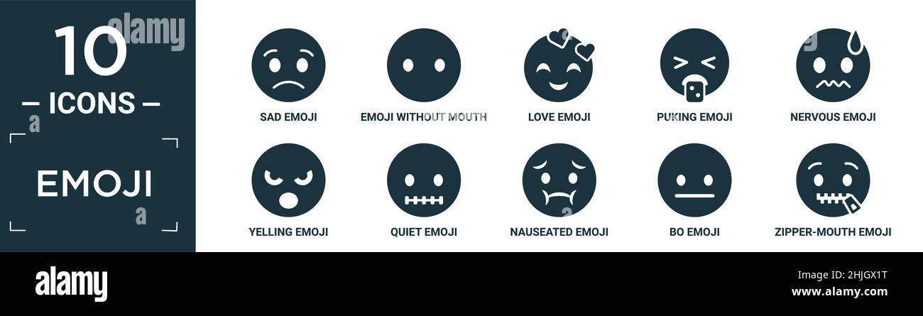 Gefülltes Emoji Icon Set. Enthalten flache traurige Emoji, Emoji ohne Mund, Liebe puking nervös brüllen ruhig übel bo Reißverschluss-Mund-Symbole in bearbeitbarer Form Stock Vektor