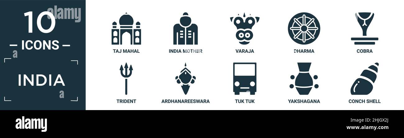 Gefülltes indien Icon Set. Enthalten flache taj mahal, indien Mutter, varaja, Dharma, Cobra, trident, ardhanareeswara, Tuk Tuk, Yakshagana, Muschel Muschel Ikonen i Stock Vektor