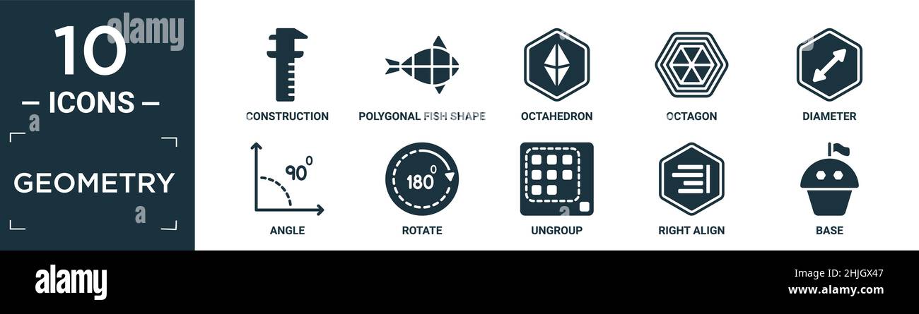 Gefülltes Geometrie-Icon-Set. Enthalten flache Konstruktion, polygonale Fischform aus kleinen Dreiecken, Oktaeder, Achteck, Durchmesser, Winkel, Drehen, Gruppieren aufheben, r Stock Vektor